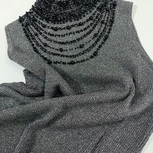 Sleeveless Dark Gray Metallic Beaded Sweater Top